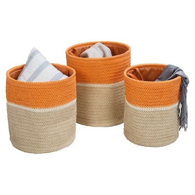 Set of 3 Paper Straw Nesting Baskets with Handles, Orange/White