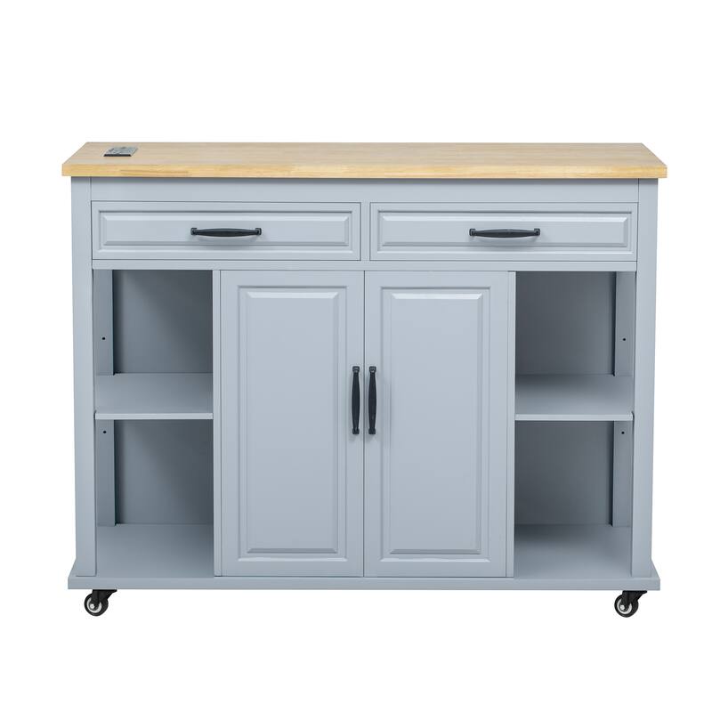 Kitchen Island with Extendable Dining Table,Rubber Wood Veneer Kitchen Table with Internal Storage Rack,Power Outlet - N/A