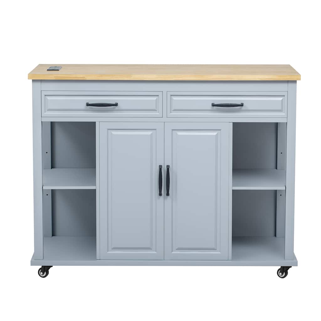 Kitchen Island with Extendable Dining Table,Rubber Wood Veneer Kitchen Table with Internal Storage Rack,Power Outlet - N/A