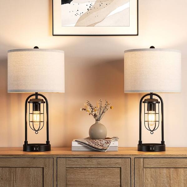 KAWOTI 21.5 inch Table Lamp Set with Night Light and USB Ports, Bulbs