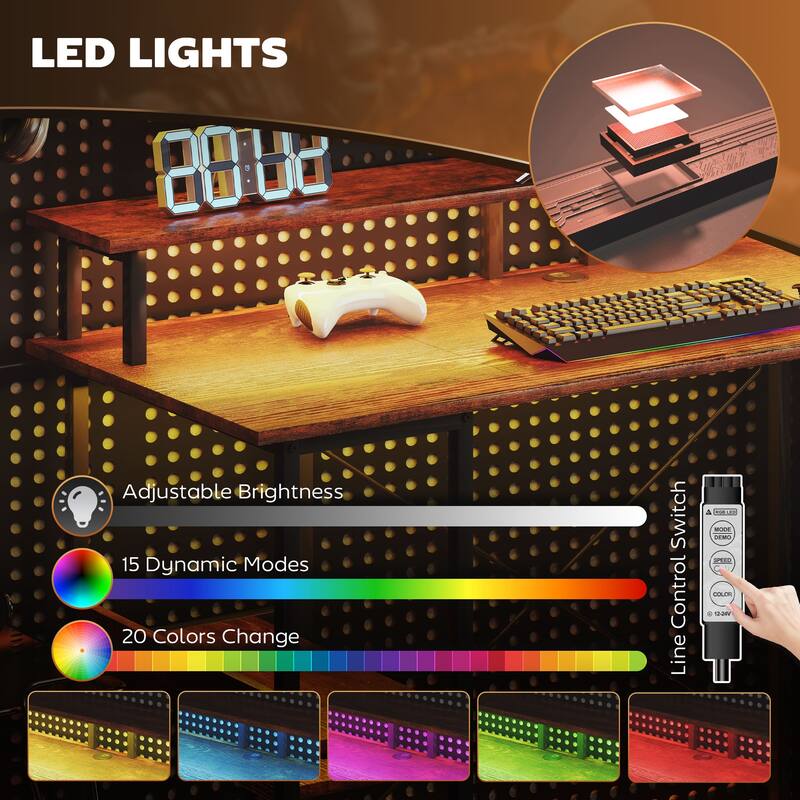 Particleboard and Steel Desk with RGB Lights Monitor Stand Shelves