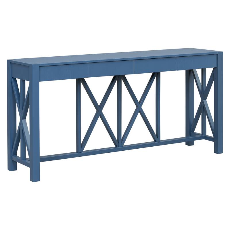 Anmytek Blue Acacia Wood Console Table with 4 Drawers X Base Design for Entryway and Kitchen Storage