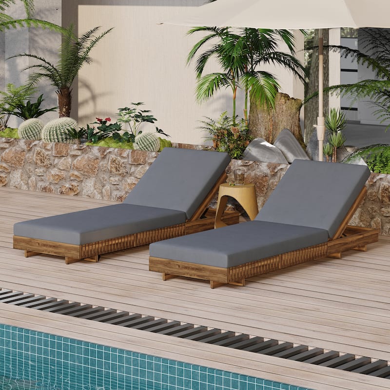 Patio Outdoor Acacia Wood Sun Tanning Chaise Lounger with Cushions Breathable Recliners Garden Poolside Adjustable Lounge Chairs