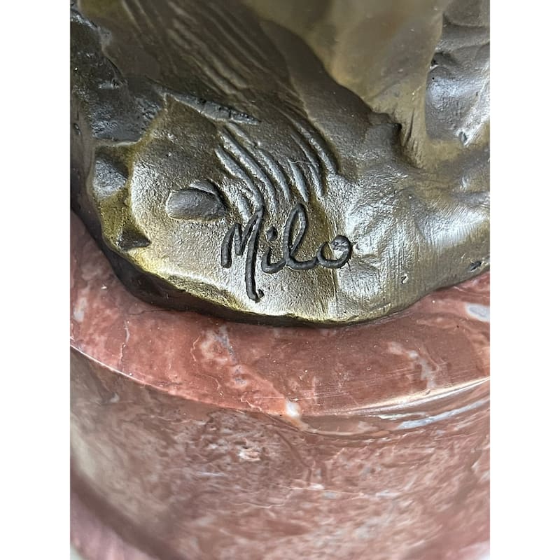 Bronze Sculpture Statue Of Two Owls Birds On A Red Marble Base Signed Milo