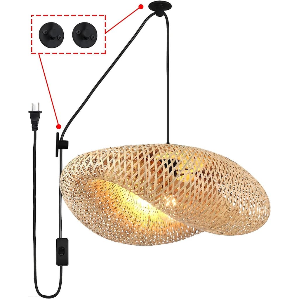 Adjustable Handmade Woven Bamboo Contemporary Farmhouse Rustic Celling Hanging Pendent Lamp Rattan Chandelier for Living Room