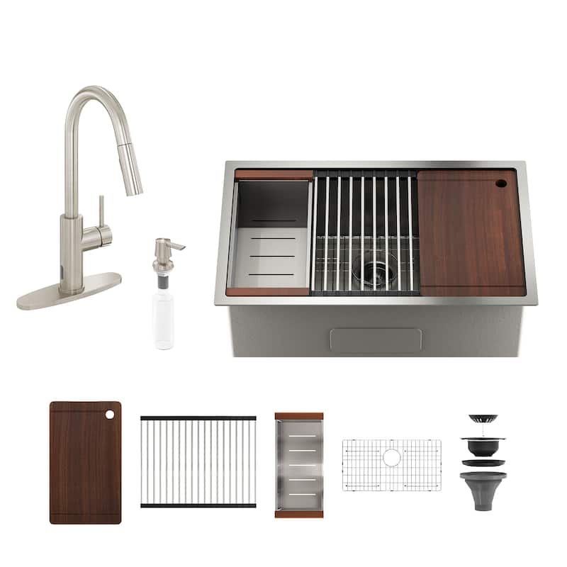Nano Brushed Stainless Steel Undermount Workstation Kitchen Sink with Touchless Pull-Down Kitchen Faucet and Accessories - 32" Sink + 2-Spray Brushed Nickel Pull-Down Faucet - 32 x 19 x 10