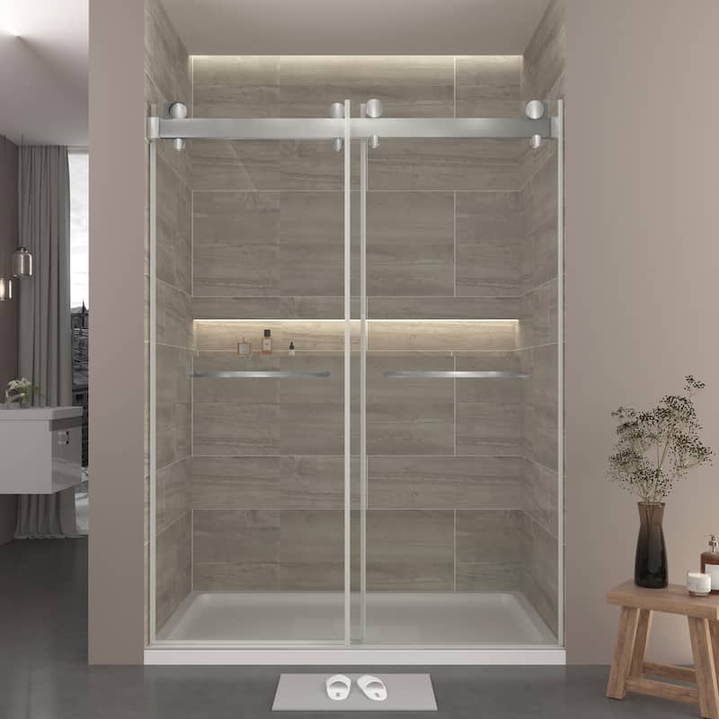 Double Sliding Door Frameless Corner Shower Enclosure with 5/16 in. Tempered Glass