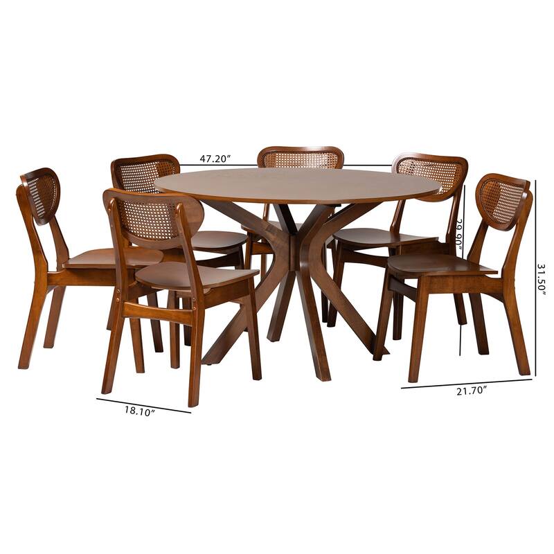 Giuliana Mid-Century Modern Wood and Woven Rattan 7-Piece Dining Set