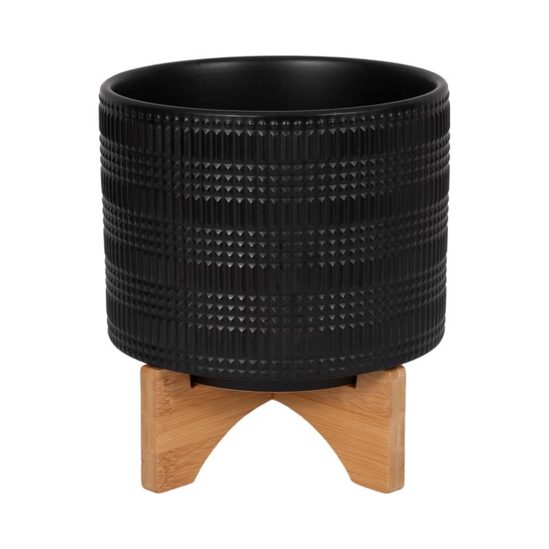 Black Ceramic Planter on Bamboo Stand Contemporary Embossed Tribal Design For Indoor or Outdoor Plants, Succulents,