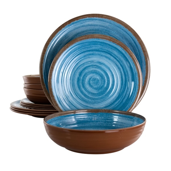 Elama Rippled Tides 12 pc Lightweight Melamine Dinnerware Set in Blue. Opens flyout.
