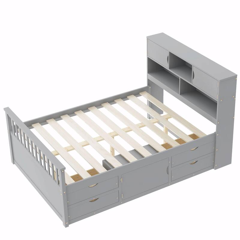 Captain Platform Bed Frame with Storage Bookcases, Shelves & Four Drawers