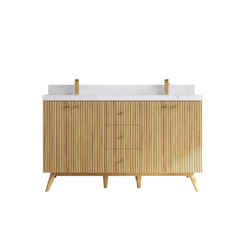 Willow Collections 60 in. W x 22 in. D Pasadena Solid Teak Double Sink Bathroom Vanity with Countertop - 2"Empira White - Light Natural