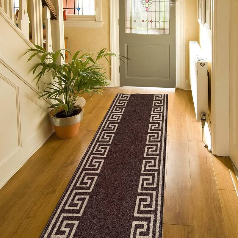 Custom Size Greek Design 31 Inch Wide Non-Slip Stair Runner Rug - 8 Feet - Brown&Beige