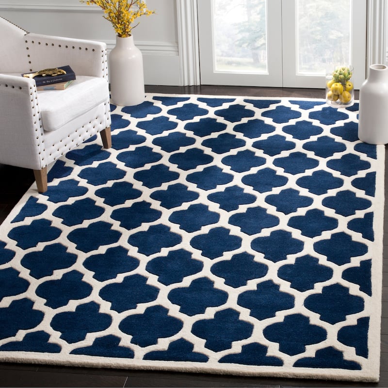 SAFAVIEH Handmade Chatham Antoanela Modern Moroccan Wool Rug - 8'9" x 12' - Dark Blue/Ivory