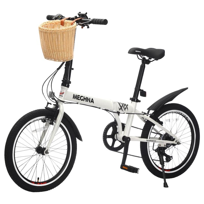 20 Inch Folding Bike, 6-Speed City Commuter Bicycle with Basket & Dual V-Brake, Portable Compact Bicycle, Steel Frame for Teens