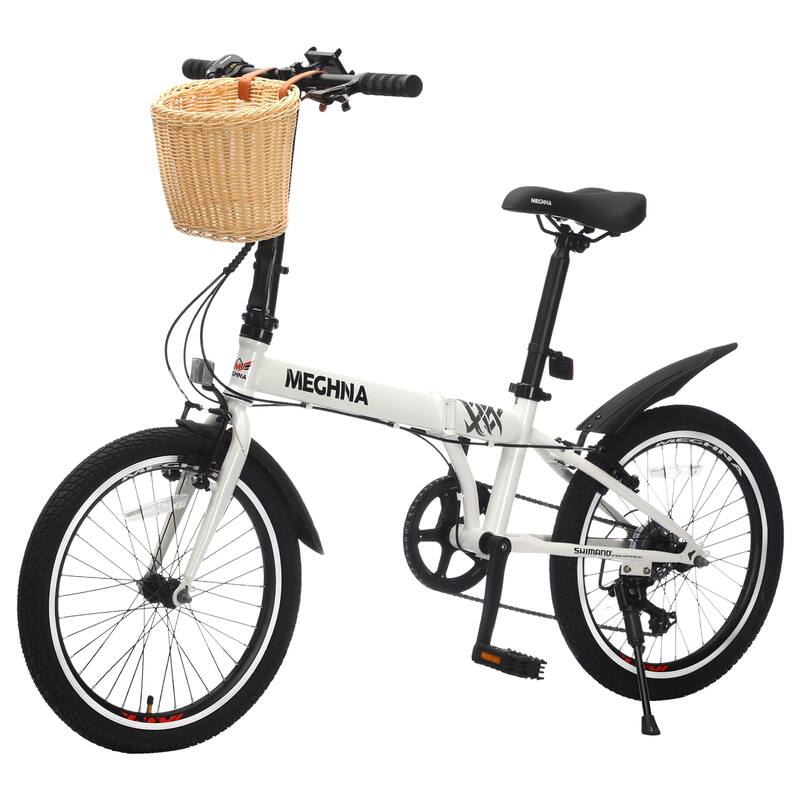 Folding City Bike - Steel Frame, 6-Speed, Basket, Phone Holder, Fenders, Dual V-Brake, Portable, Unisex Adult - 20