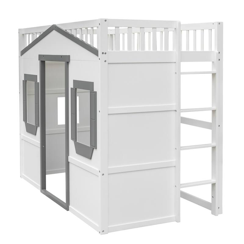 Modern Twin/Full Loft Bed with Ladder, Solid Pine Wood, Safety Guardrails