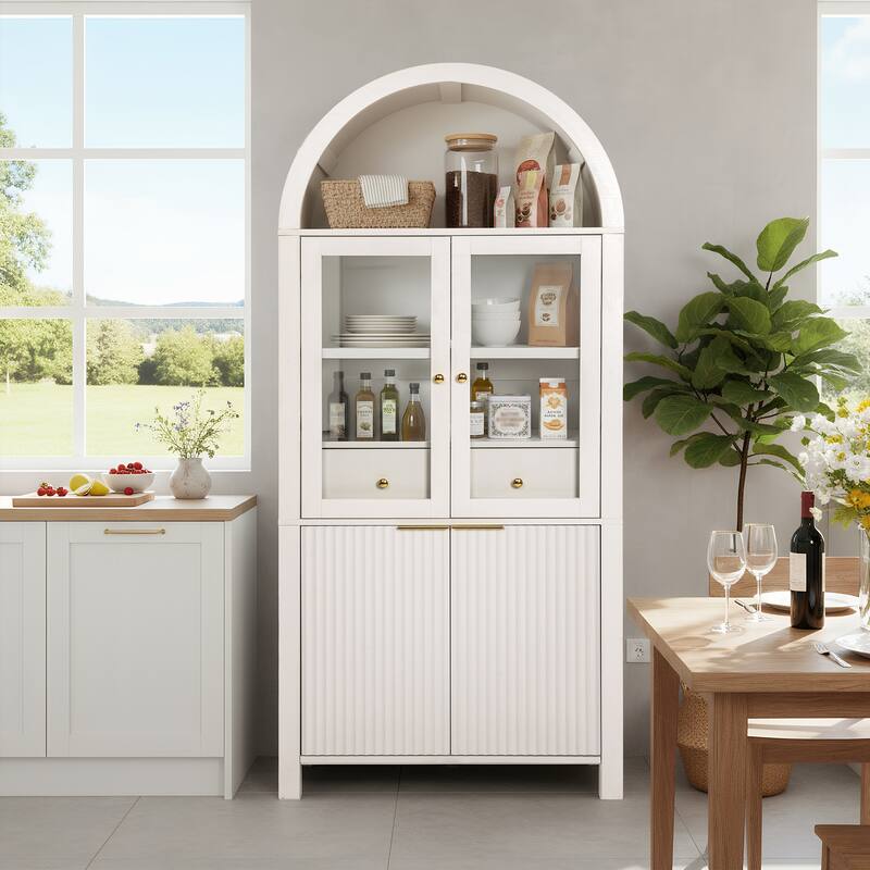71" Fluted Tall Arched Bathroom storage Cabinet with Adjustable Shelves,Display Storage with Hidden Drawer & Glass Door