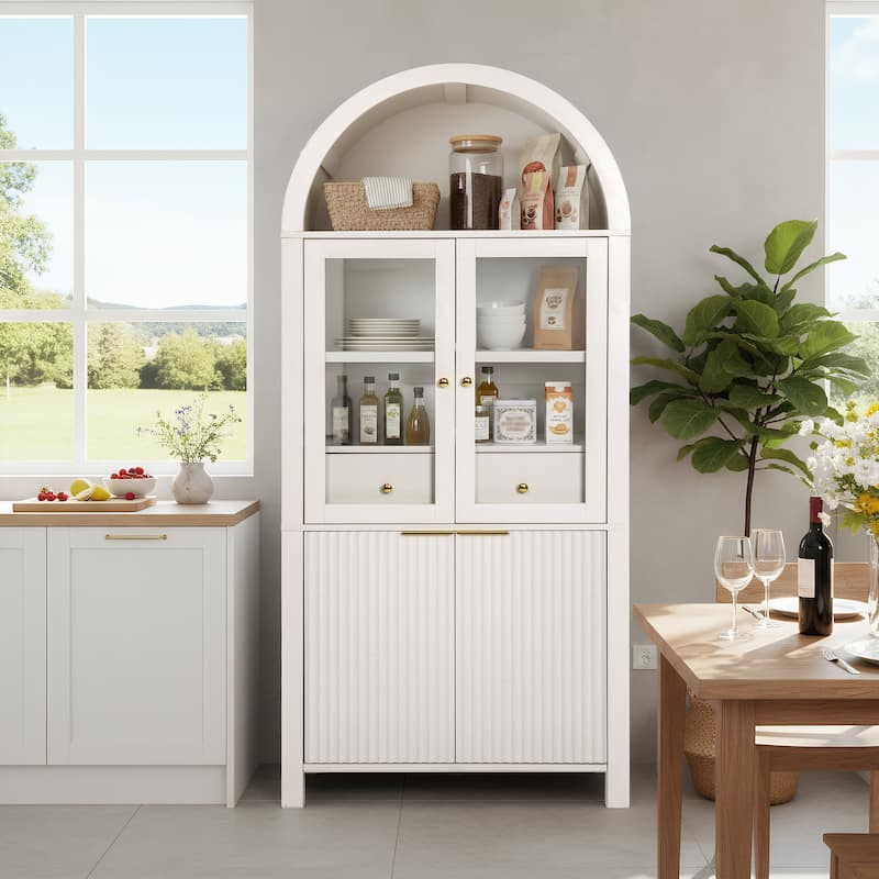 71" Fluted Tall Pantry Cabinet with Arched Glass Door, Hidden Drawer, Wood Display Storage Cabinet with Adjustable Shelves