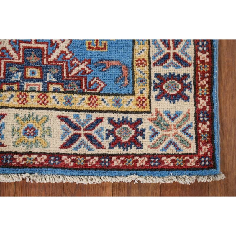 Blue Geometric Kazak Foyer Rug Handmade Oriental Wool Carpet - 2'1" x 3'0"