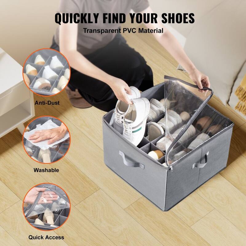 Under Bed Shoe Organizer with Dividers and Clear Cover for Storage - 17 x 17 x 12.4 in