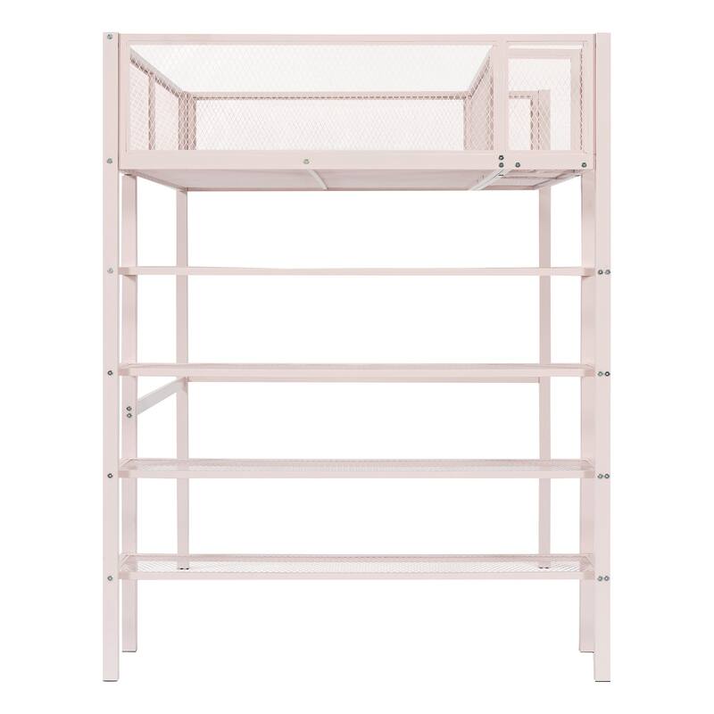 Twin Size Metal Loft Bed with 4-Tier Shelves and Storage, Black