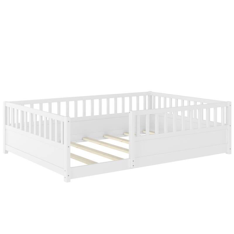 Full/Twin Montessori Floor Bed with Security Barrier & Door - Children's Wooden Bed Frame