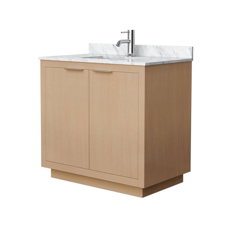 Wyndham Collection Maroni 36" Free Standing Single Basin Vanity Set - Light Straw / White Carrara Marble Top / Brushed