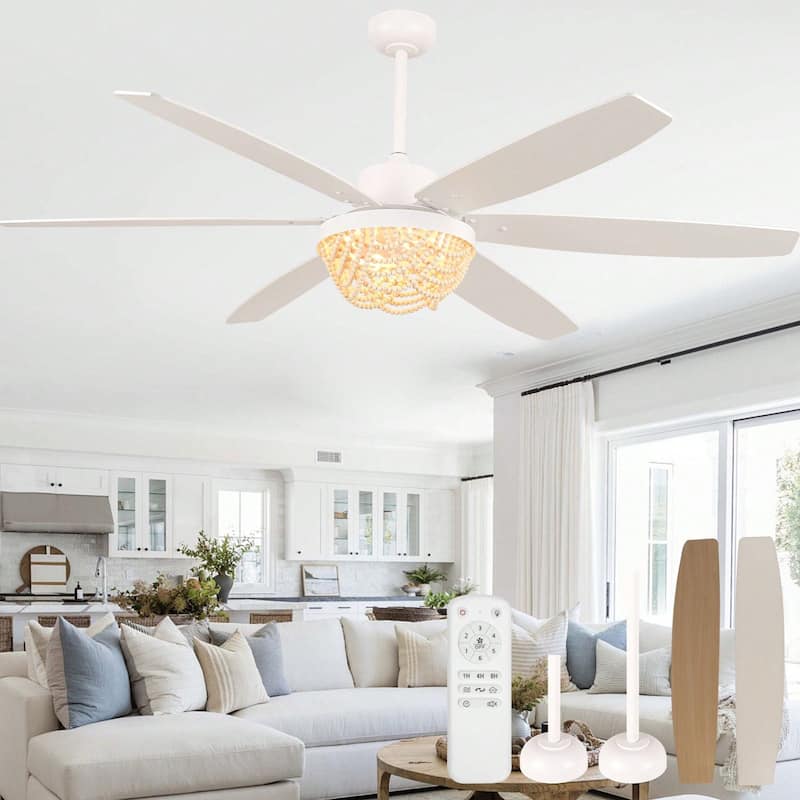 Cusp Barn 65" Boho White Ceiling Fan with Light and Remote, Farmhouse 6-Speed Wood Beaded Chandelier Ceiling Fan for Large Room