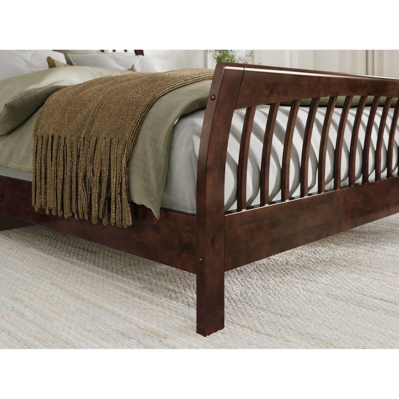 Solid Wood Low Profile Platform Bed - Queen Size, Matching Footboard, Slatted Headboard, Walnut Finish