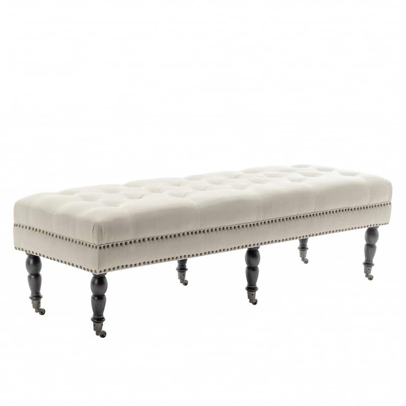 Porthos Home Juna Fabric Accent Bench with Rubberwood Legs and Wheels