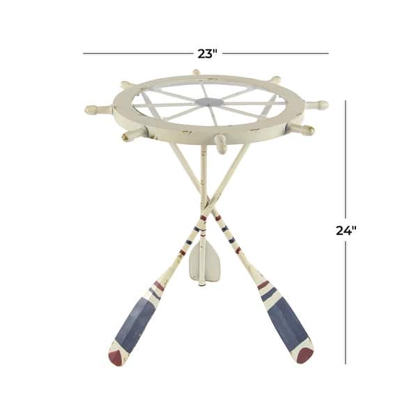 dimension image slide 1 of 2, White Metal Ship Wheel Top Accent Table with Oar Shaped Legs