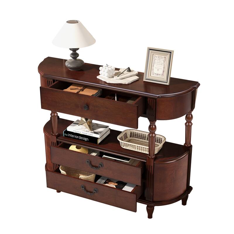 43"Retro Curved Wood Console Table with 3 Drawers and Storage Shelf - Cherry Brown