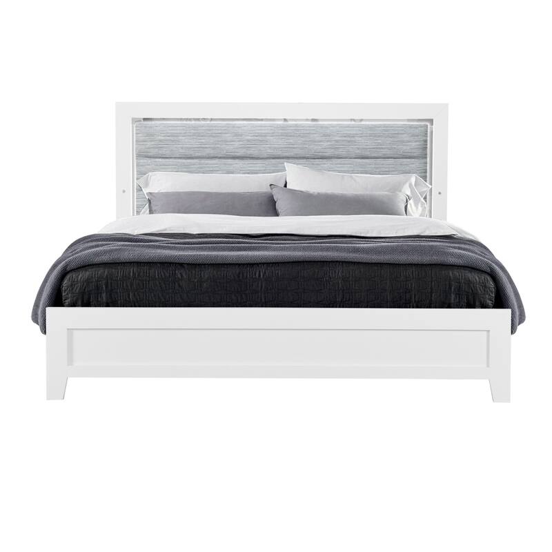 White Twin Bed with LED Lighting and Upholstered Headboard - White