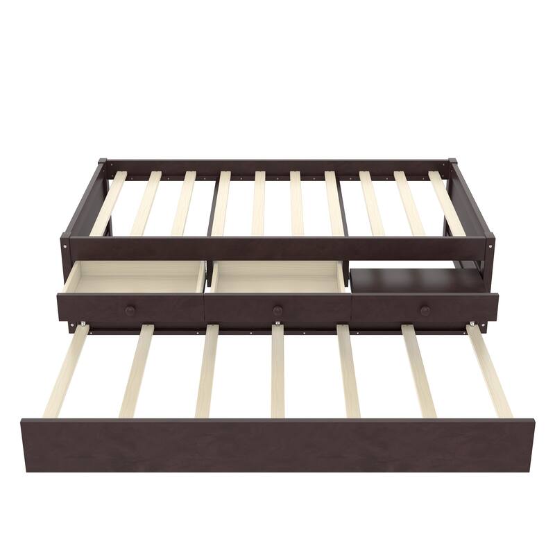 Platform Bed with Pull-out Trundle and Dual Storage Drawers, Built-in Power Strip, Wooden Bed Frame, No Box Spring Needed