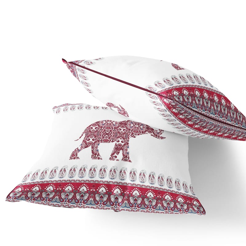 HomeRoots Set of Two 16" X 16" Red and White Elephant Blown Seam Paisley Indoor Outdoor Throw Pillow - 16.00' X '16.00' X '5.00