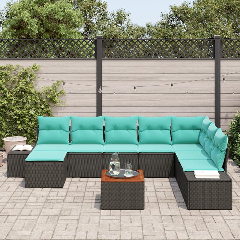 vidaXL 9 Piece Garden Sofa Set with Cushions Black Poly Rattan Acacia - 125.6×82.3×27.2