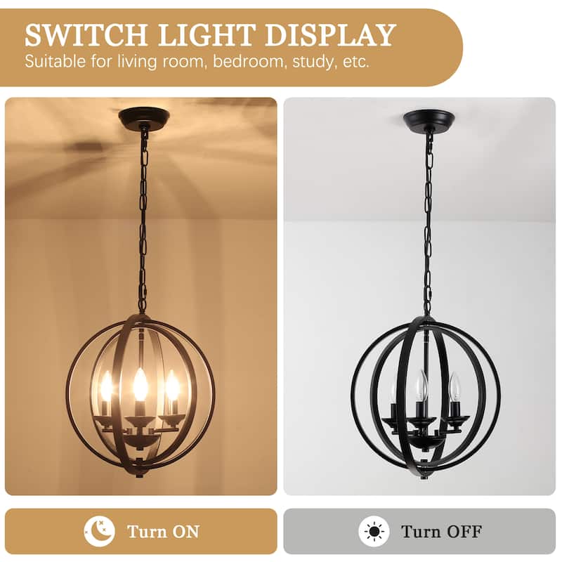 3 - Light Industrial Metal Orb Hanging Chandelier with Adjustable Chain