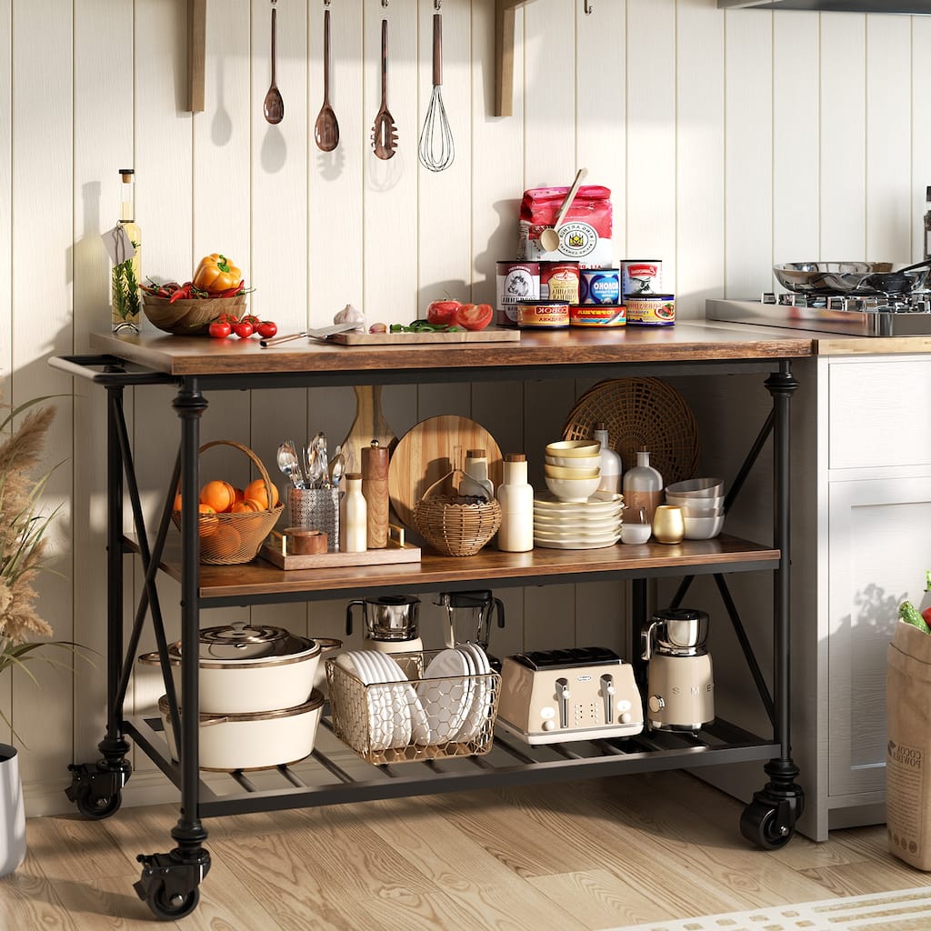 Rolling Kitchen Island Cart with Thick Wooden Top and Storage Shelves, Utility Cart
