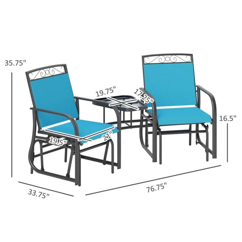 Two Seater Outdoor Glider with Table Steel Frame Tempered Glass and Mesh Fabric - 76.75" L x 33.75" W x 35.75" H