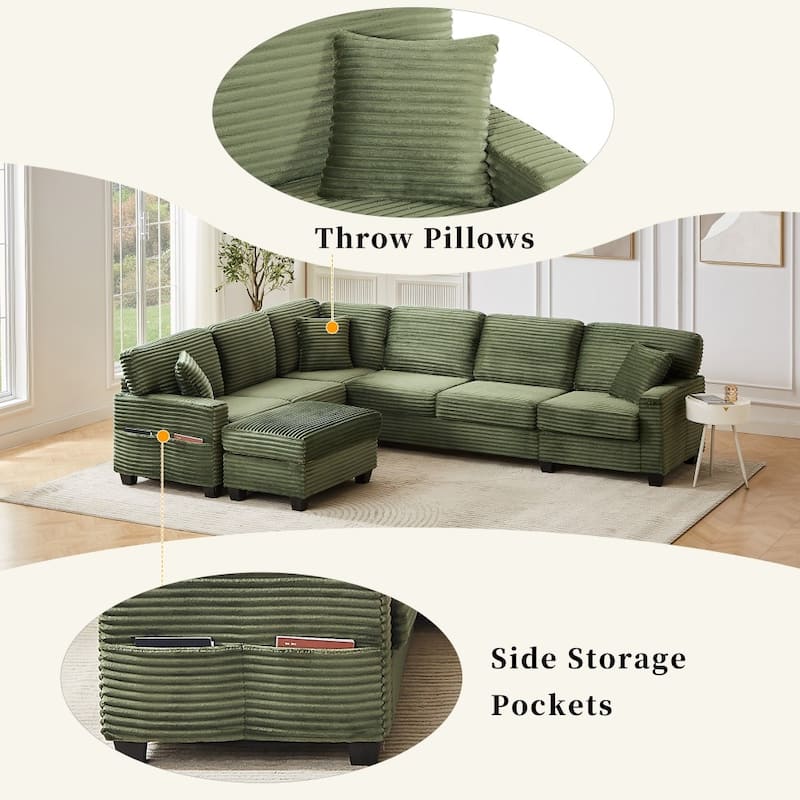125.2" Modern Corduroy Upholstered U-shaped Sectional Sofa with Movable Ottoman and Side Storage Pockets