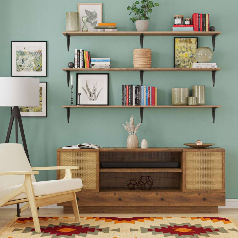 60"x8" Floating Bookshelves for Wall, Book Shelves for Living Room, Storage Shelves, Wood, Burnt
