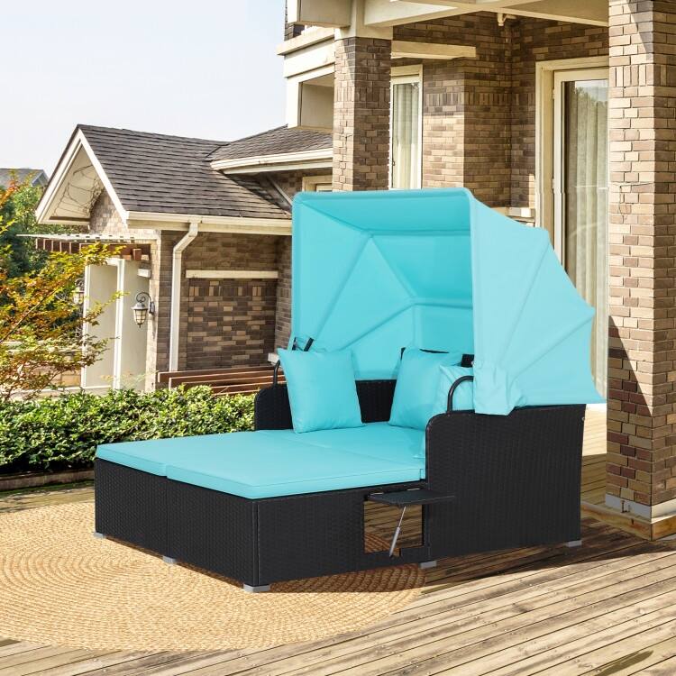 Outdoor Patio Daybed with Canopy and Foldable Side Trays - 65" x 60.5 x 58.5"