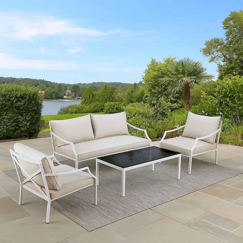 3 Piece Outdoor Sofa Set with Table, Beige and White