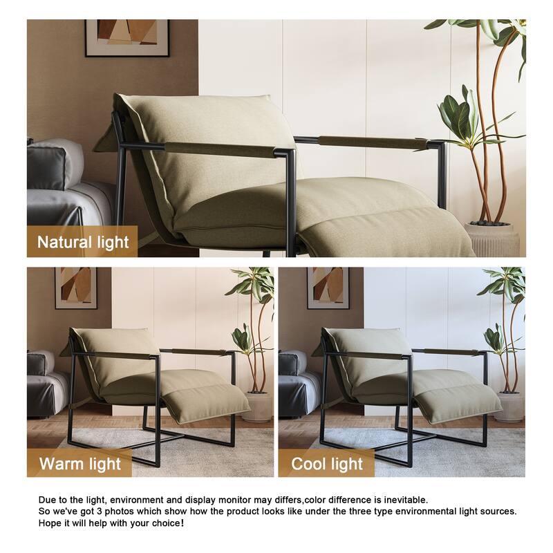 Mid-century Metal Sling Upholstered Armchair with Lengthen Upholstered