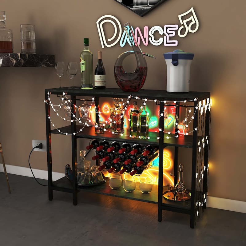 Wine Cabinet Bar Table Rack Table for Drinks Glasses w/ Power Outlets