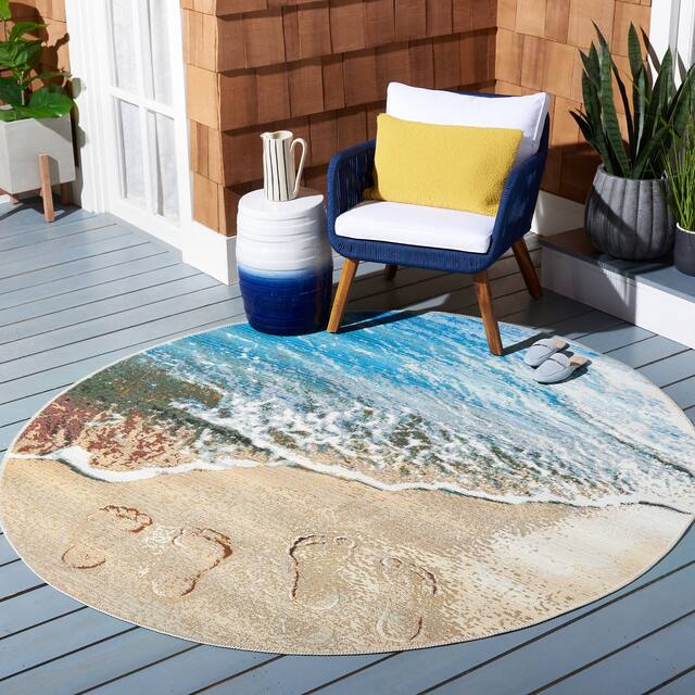 SAFAVIEH Barbados Tokiko Tropical Indoor/ Outdoor Waterproof Patio Backyard Rug - 5'3" Round - Gold/Blue