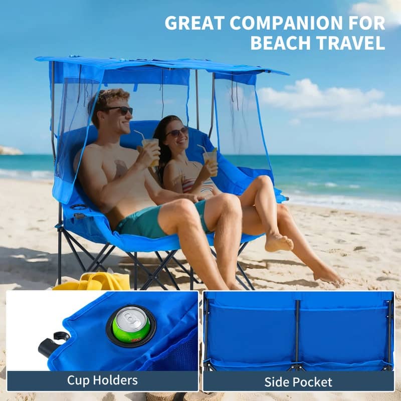 Double Beach Chair with Canopy Shade, Cup Holder and Side Pocket