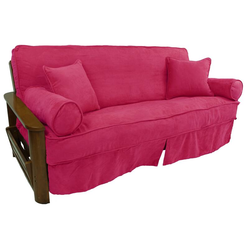 Microsuede Full-Size 8-10 Inch Thick Futon Slip Cover Set with Four Throw Pillows - Bery Berry