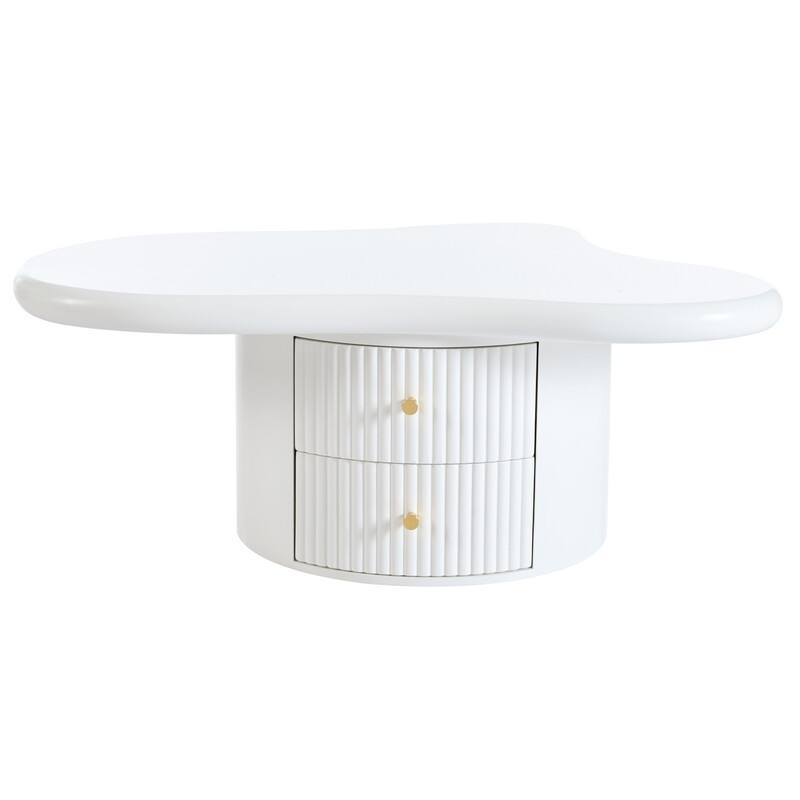 Cream Style Cloud-Shaped Coffee Table Set of 3, Irregular Design Cocktail End Table with Storage Drawer & 2 Small Stools